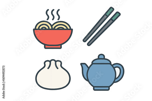 Colorful Asian food icon set featuring a bowl of steaming noodles, a dumpling, a teapot, and chopsticks isolated on a white background