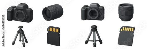 Set of modern photography equipment icons including a digital camera, lens, tripod, and memory card isolated on a white background