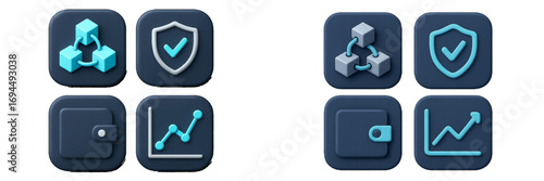 3D icon set for finance and technology with blockchain, security shield, wallet, and growth graph symbols for UI and UX design