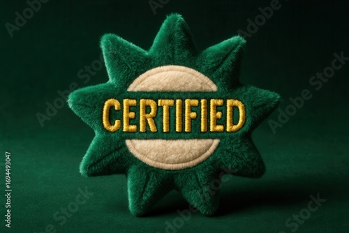 Plush CERTIFIED badge featuring a star shape, elegant branding, ideal for trust and quality promotion.