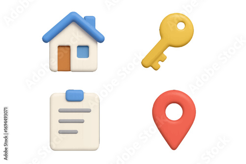 Real estate 3D icon set with house, key, document, and location pin for property business, mortgage, and home ownership concepts