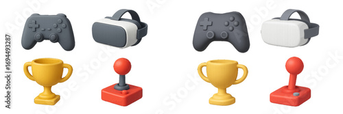 Modern gaming controllers, virtual reality headsets, and classic joysticks with golden trophy cups for esports competition and victory