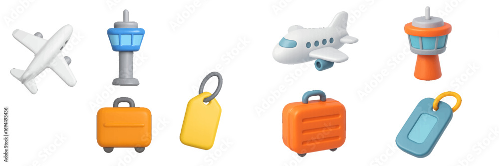 Fototapeta premium Collection of 3D airport and travel icons including airplane, suitcase, luggage tag, and air traffic control tower