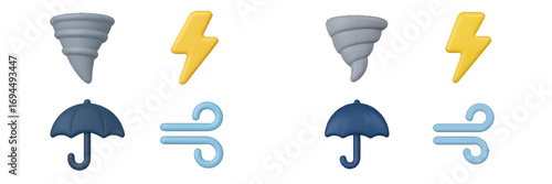 3D weather icon set with tornado, lightning bolt, umbrella, and wind symbols for forecast applications and user interface design