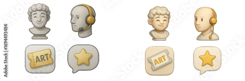 Volumetric icon collection featuring a classical art bust, a customer service agent with a headset, a museum ticket, and a star rating symbol