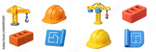 3D construction icon set with crane, hard hat, brick, and blueprint for building and engineering projects