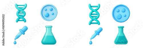 Science tools with DNA helix, petri dish, pipette dropper, and laboratory flask for chemistry and biology
