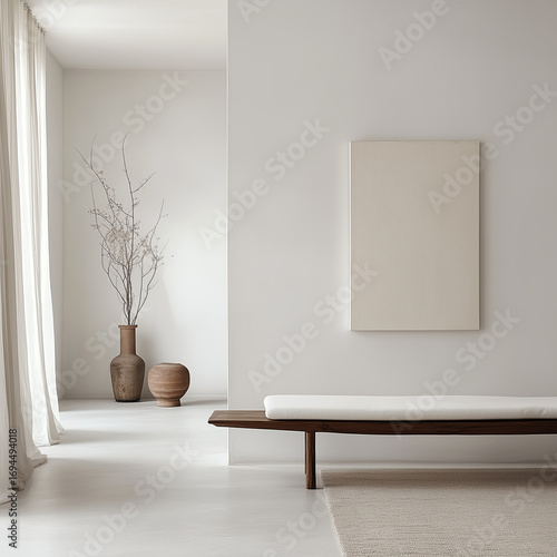 Minimalist, scandinavian home interior design of modern living room. Hall with wooden bench near wall with blank mock up poster.