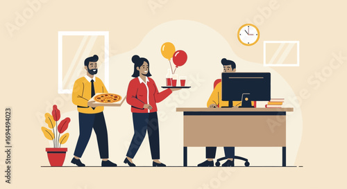 Colleagues celebrating a special occasion with pizza and drinks in a modern office environment.
