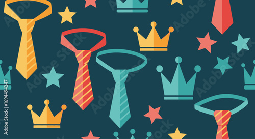 A festive repeating pattern featuring colorful neckties, golden crowns, and star shapes on a dark blue background, evoking a sense of celebration and appreciation.