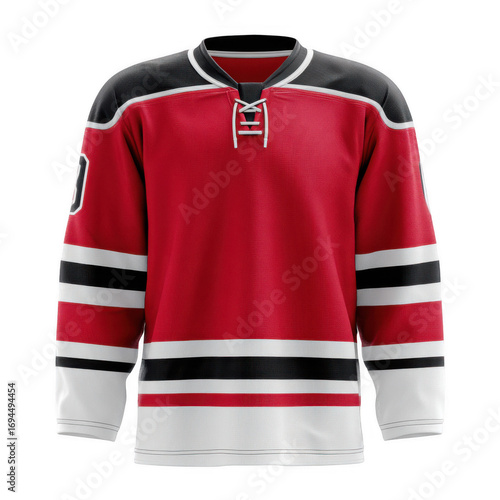  A vibrant red hockey jersey with bold black and white stripes [Transparent Background PNG].