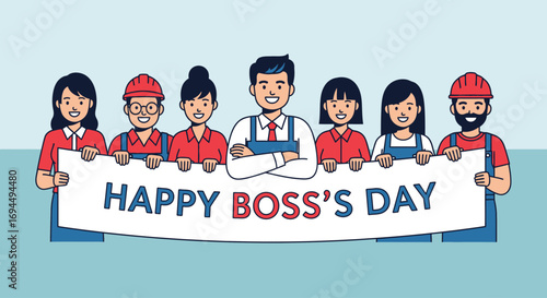 A diverse team of employees celebrating Boss's Day by holding a banner.