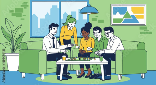 Business team collaborates, playing a board game during a relaxed office break.
