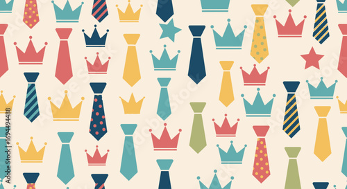 Colorful repeating pattern featuring ties, crowns, and stars, creating a festive design.