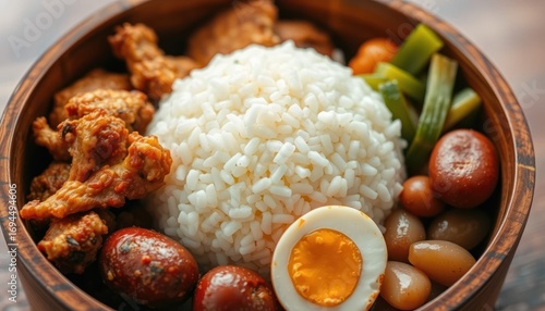 Traditional Asian Bento Box with Rice Meat and Vegetables
