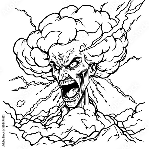 Minimilist illustration of a screaming man with cloud hair and lightning bolts in black and white style art vector