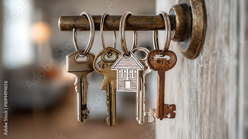 House shaped keys hanging on door handle of residental home 58367244 1