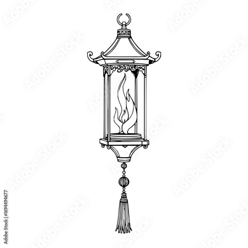 Minimilist illustration of an ornate oriental lantern with a flame inside and a tassel hanging from the bottom vector