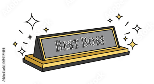 An illustration of a "Best Boss" nameplate with a gold base and silver plate, surrounded by sparkling stars.