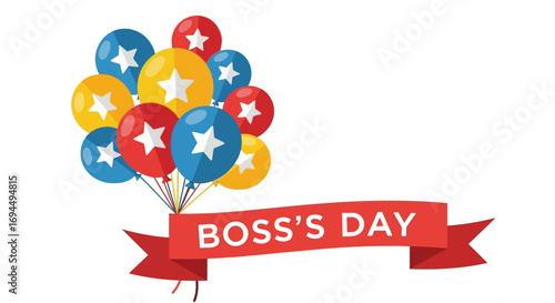 Festive illustration celebrating Boss's Day with colorful balloons adorned with stars and a red ribbon banner.