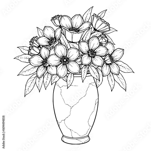 Minimilist a detailed line art illustration of flowers in a cracked vase with intricate leaf and petal details vector