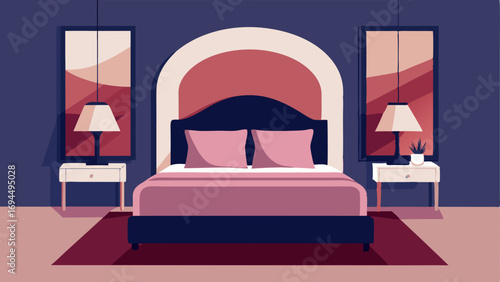 A guest room with a colorblocked headboard featuring shades of blush pink burgundy and navy creating a chic and inviting atmosphere.