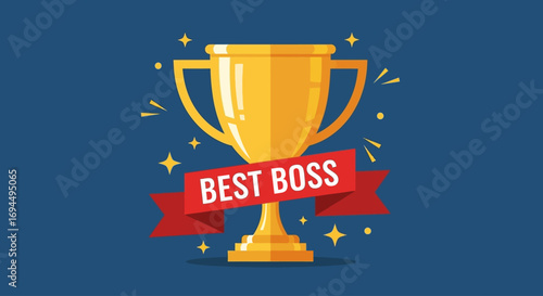 Golden trophy with red ribbon proclaiming "Best Boss" on a dark blue background.