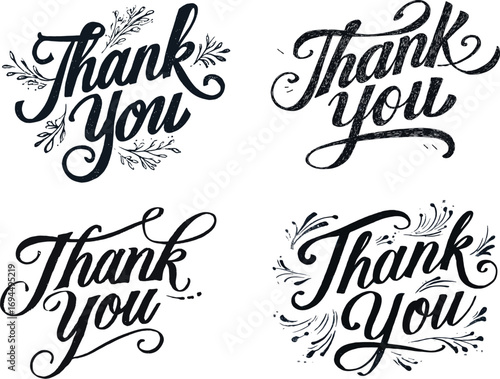Hand-Drawn Thank You Calligraphy with Floral Accents, Elegant Black Ink Typography for Cards