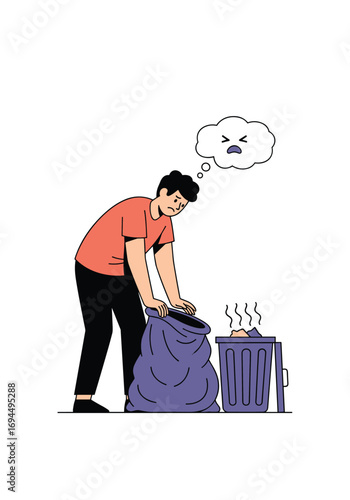 Frustrated person carrying large bag of trash next to stinky trash can full of food scraps