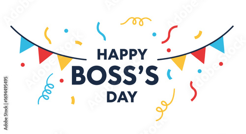 Festive Boss's Day greeting with colorful confetti and bunting.