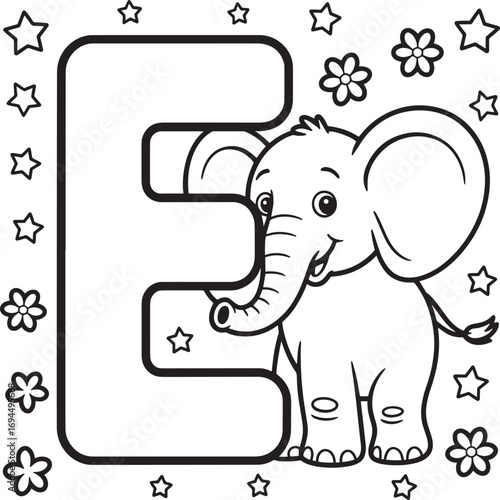 Letter E with Elephant and Floral Accents for Alphabet Learning and Educational Design