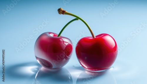 Two ripe cherries with glossy red skin on a light blue background