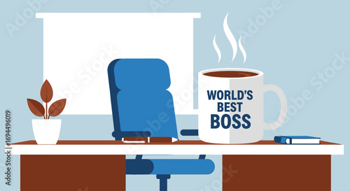 A steaming "World's Best Boss" mug sits on a clean office desk next to an empty chair and a small potted plant.