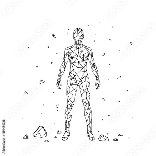 Minimilist a geometric human figure stands amidst scattered geometric shapes on a white background art design vector