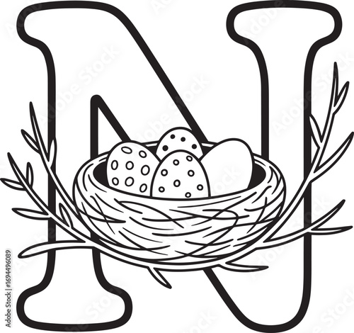 Letter N with Nest and Eggs Design on Clear Background for Educational or Decorative Use