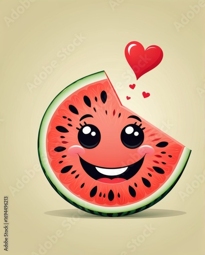 Smiling cartoon watermelon slice with hearts.