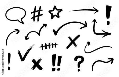 Collection of Hand-Drawn Black Symbols and Arrows on White Background