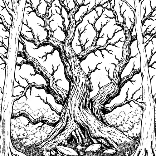 Minimilist detailed black and white illustration of a large gnarled tree with bare branches in a dense forest area vector
