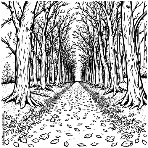 Minimilist avenue of bare trees in black and white with fallen leaves creating a path through the forest scene vector