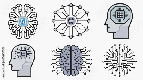 Modern Digital Intelligence A collection of conceptual flat design vector icons representing artificial intelligence, neural networks, and advanced brain technology