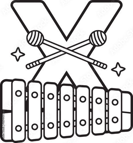 Xylophone with Mallets and Stars Outline for Musical Instrument Coloring Page Design