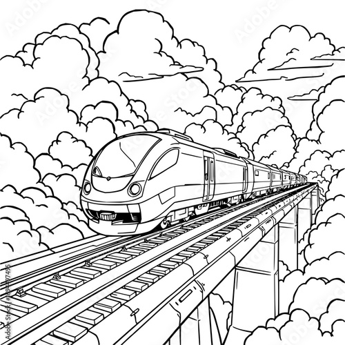 Minimilist a modern train travels across a bridge surrounded by fluffy clouds in a black and white line drawing vector