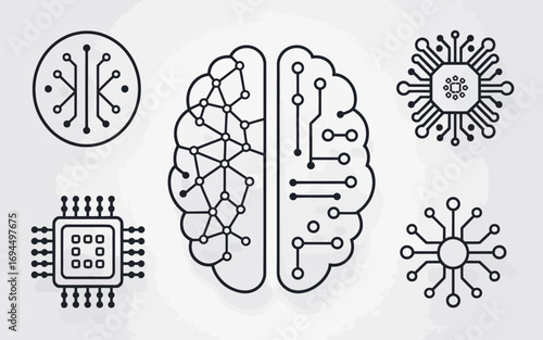 Brain with connections and circuitry icons representing artificial intelligence and technology