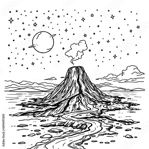Minimilist illustration of a volcano erupting under a starry sky with a planet and winding river landscape view vector