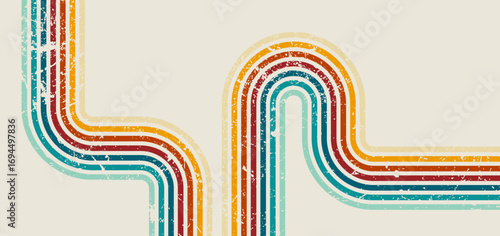 Retro curved multicolor stripes vector background with vintage grunge texture, perfect for 70s style posters, wallpapers, and creative graphic design.