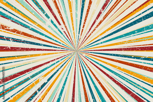 Retro multicolor sunburst rays vector background with vintage grunge texture, perfect for 70s style posters, vibrant wallpapers, and creative graphic design.