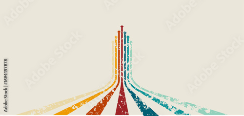 Retro multicolor upward arrows vector background with vintage grunge texture, perfect for 70s style posters, growth concepts, and creative graphic design.