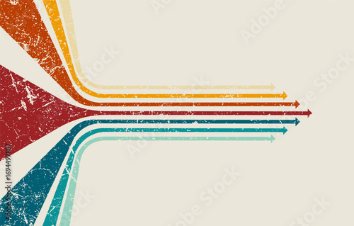 Retro multicolor upward arrows vector background with vintage grunge texture, perfect for 70s style posters, growth concepts, and creative graphic design.