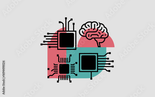 Abstract concept of artificial intelligence and human brain integration with computer chips on a light gray background