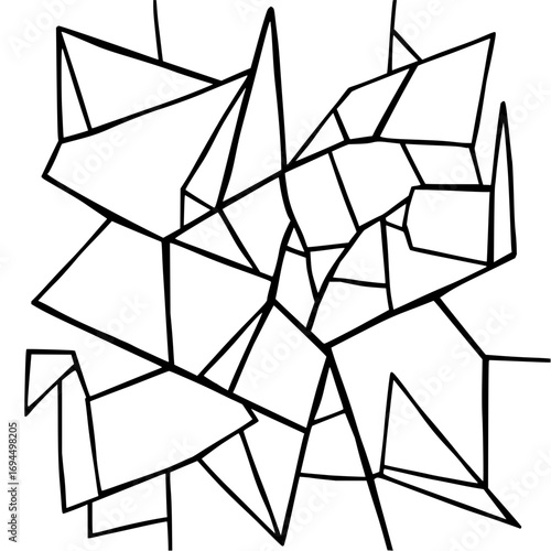 Minimilist abstract geometric design featuring a complex arrangement of interconnected polygons and lines in black and white vector
